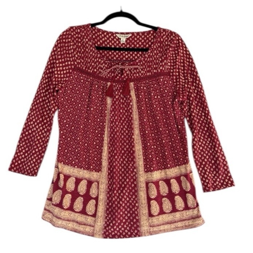 Lucky Brand Top Womens Small Red V-Neck Long Sleeve Boho Tunic‎ Blouse Tassel
